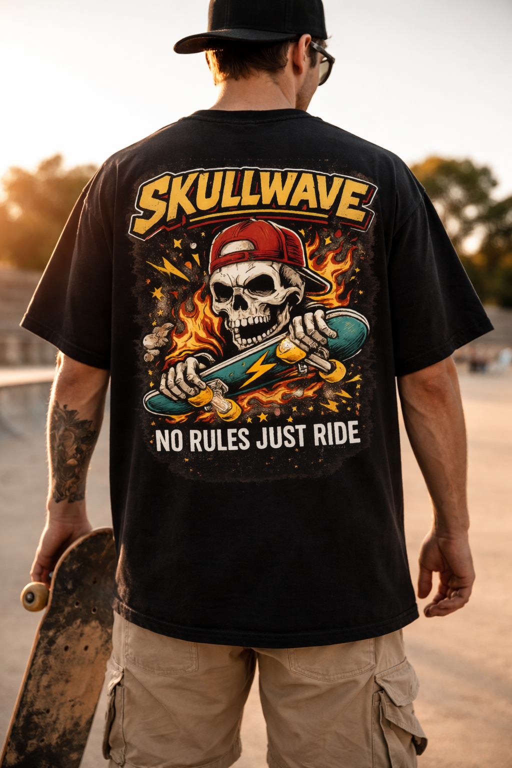 t-shirt noir skullwave porté de dos par un mannequin au skatepark