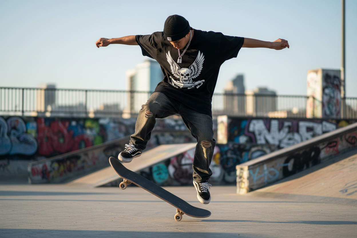 t-shirt skate skullwave oversize porté par skateur