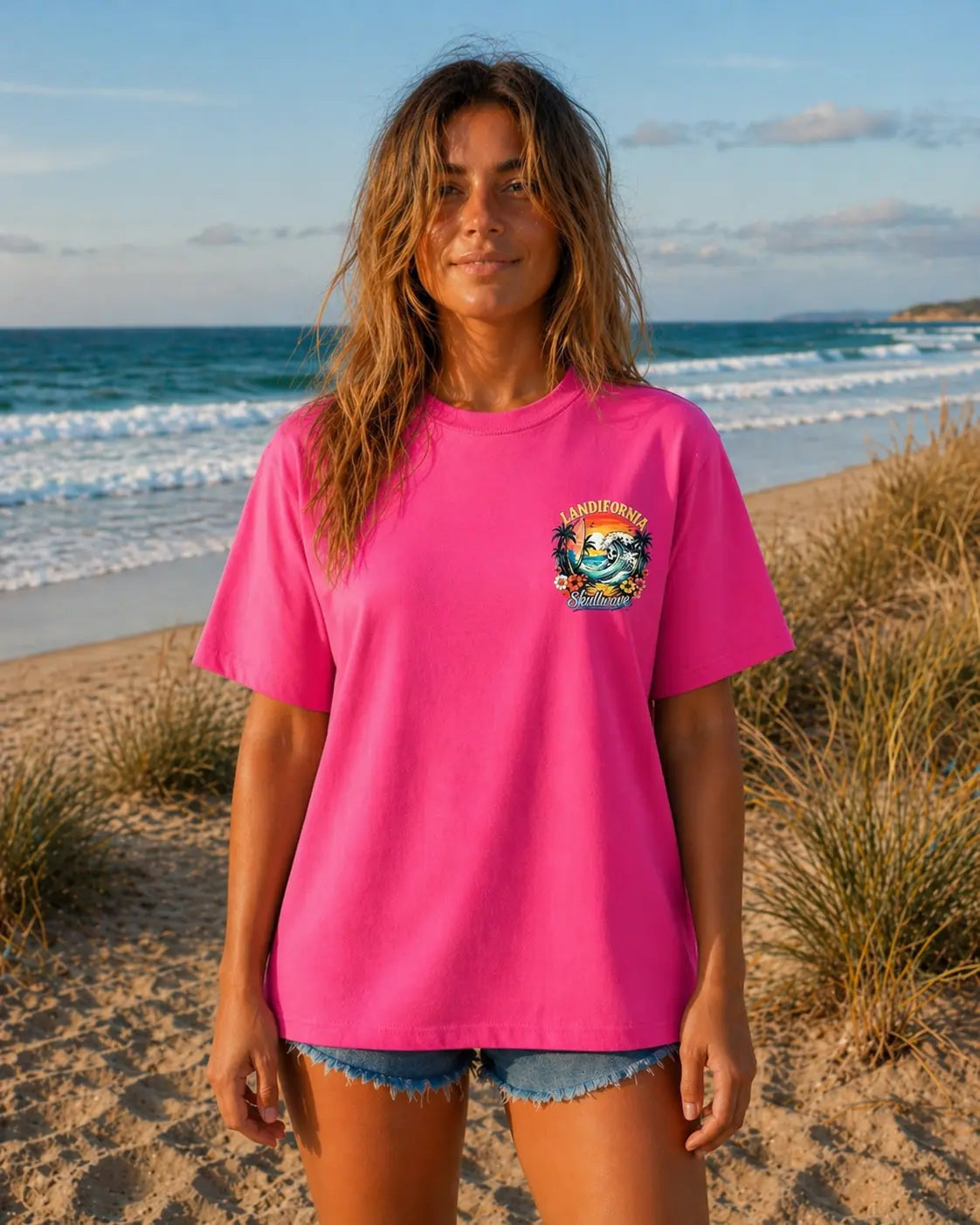 t-shirt rose skullwave porté par une femme en bord de plage à hossegor