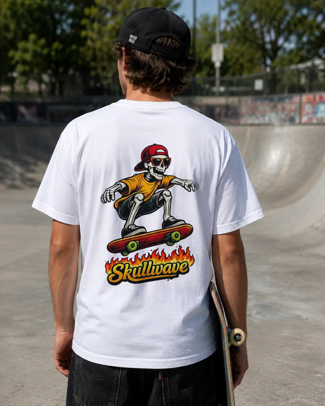 Skullwave Store t-shirt skate T-shirt Tête de Mort Skate Homme - Skull Rider Flammes | Skullwave