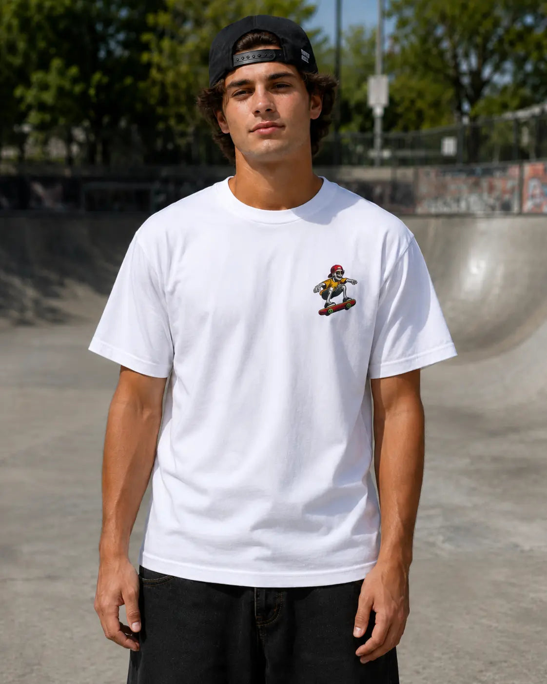 Skullwave Store t-shirt skate Blanc / S T-shirt Tête de Mort Skate Homme - Skull Rider Flammes | Skullwave