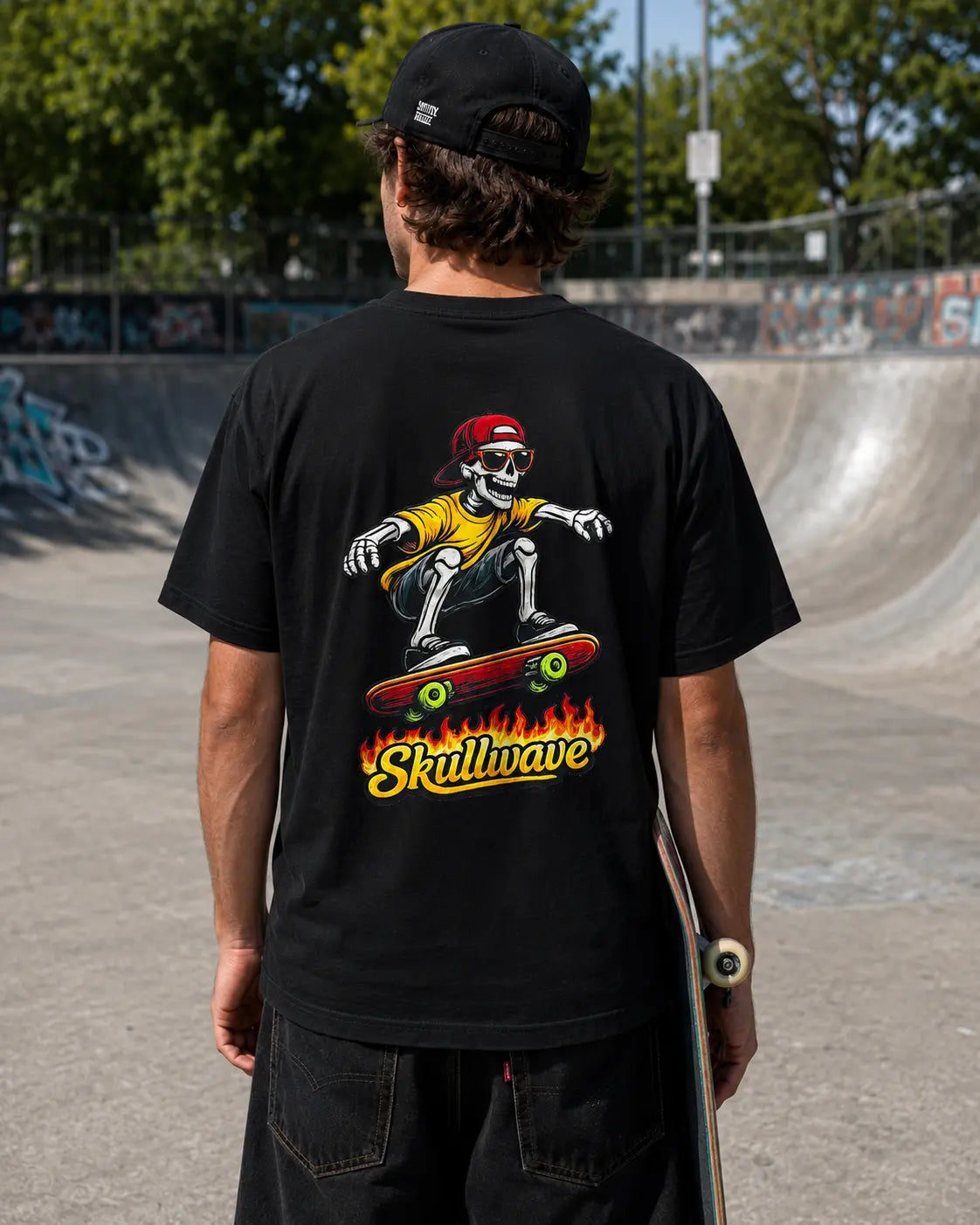 Skullwave Store t-shirt skate T-shirt Tête de Mort Skate Homme - Skull Rider Flammes | Skullwave