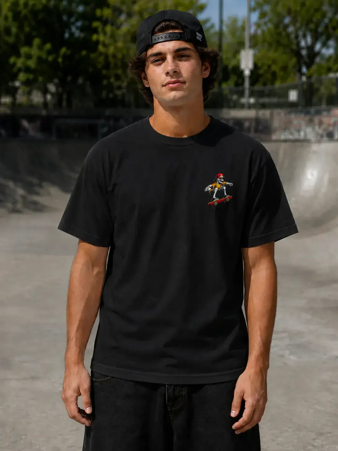 Skullwave Store t-shirt skate Noir / S T-shirt Tête de Mort Skate Homme - Skull Rider Flammes | Skullwave